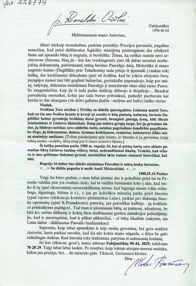 Vlado Braziūno laiškas filosofui Romualdui Ozolui